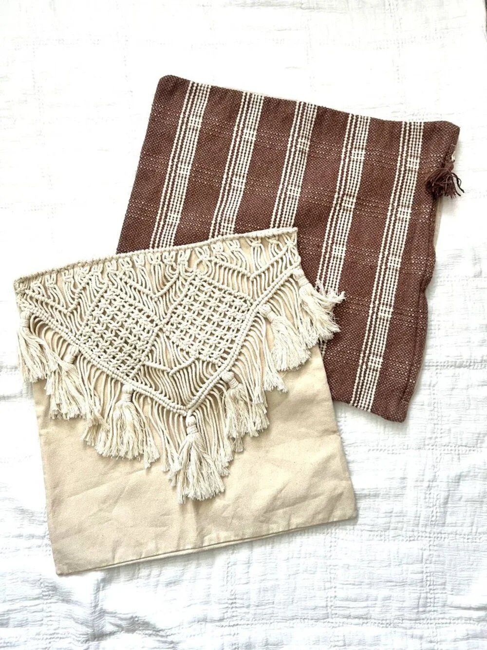 Boho Throw Pillow Cover Set Neutral Macrame Woven Tassel Decorative 18 x 18